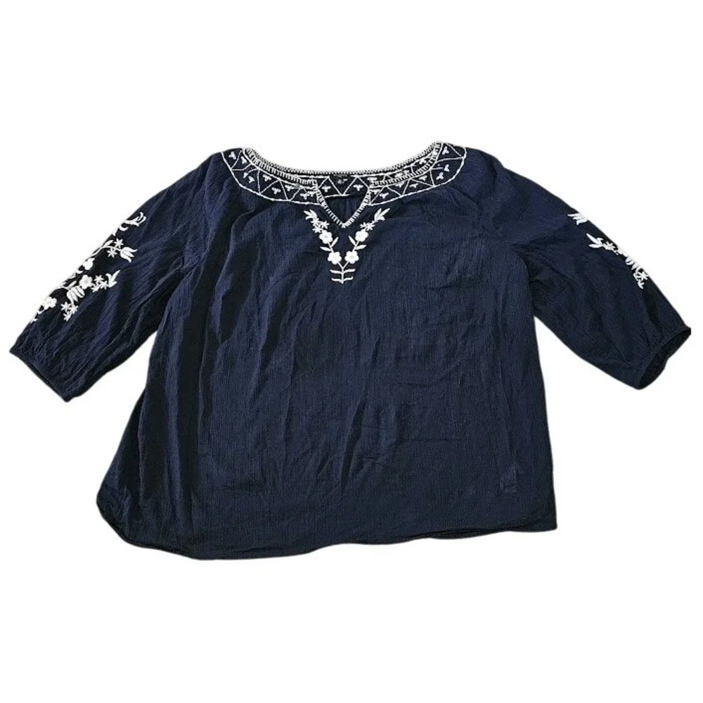 Talbots Blouse Plus Womens 2X Navy Blue Embroidered Cotton Gauze 3/4 Sleeve Boho